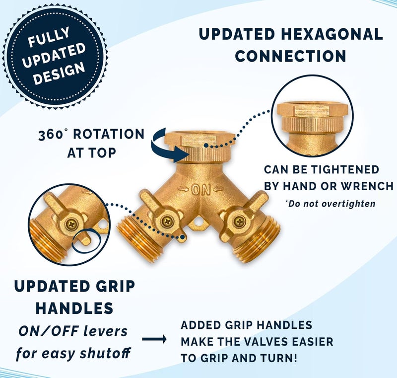 Morvat Brass 2-Way Y Splitter LEAD-FREE, Heavy-Duty Garden Hose Manifold Connector with Improved Comfort Grip ON/OFF Valves, Adapter for Water Faucet & Spigot, Extra 6 Washers, Teflon Tape (2-Pack) - Image 3